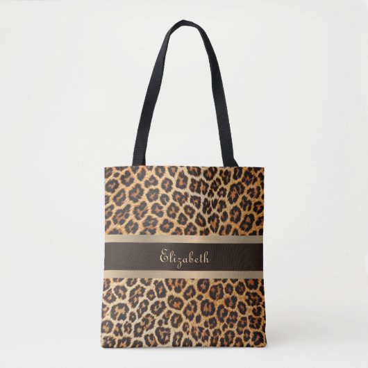 Luipaard Print Patroon Bruin en Gouden Streep Naam Tote Bag (Voorkant)