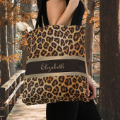 Luipaard Print Patroon Bruin en Gouden Streep Naam Tote Bag