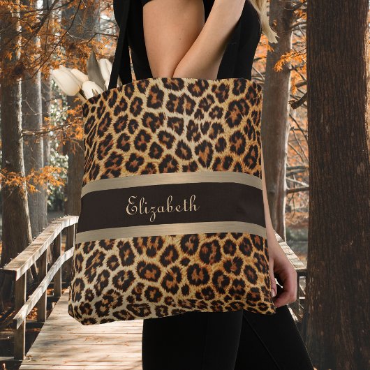 Luipaard Print Patroon Bruin en Gouden Streep Naam Tote Bag