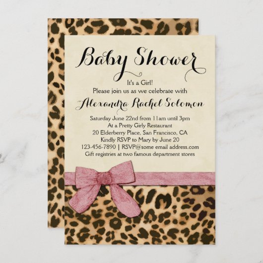 Luipaard Print Roze Bow Meisje Baby shower Invitat Kaart (Voorkant / Achterkant)