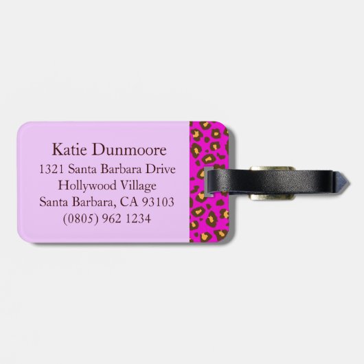 Luipaard print roze bruin monogram bagagelabel (Achterkant horizontaal)
