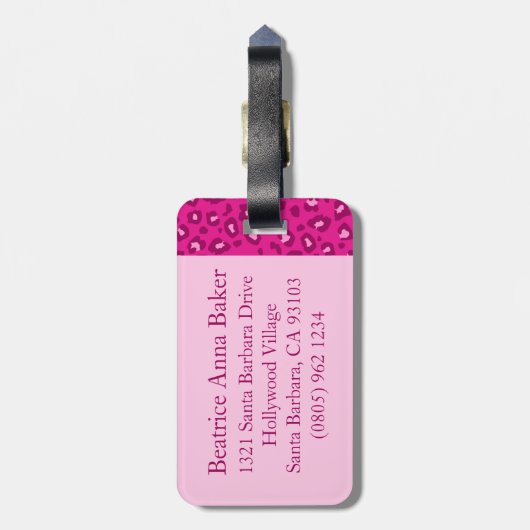 Luipaard print roze monogram bagagelabel (Achterkant verticaal)