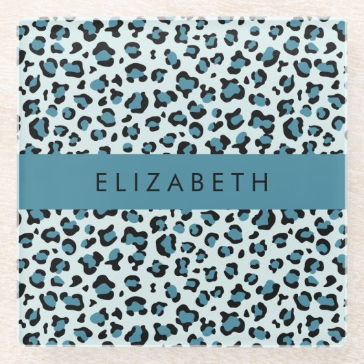 Luipaard Print, Vlekken, Blauwe luipaard, Jouw naa Glazen Onderzetter (Voorkant)