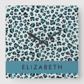 Luipaard Print, Vlekken, Blauwe luipaard, Jouw naa Vierkante Klok (Voorkant)
