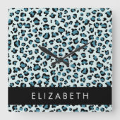 Luipaard Print, Vlekken, Blauwe luipaard, Jouw naa Vierkante Klok (Voorkant)
