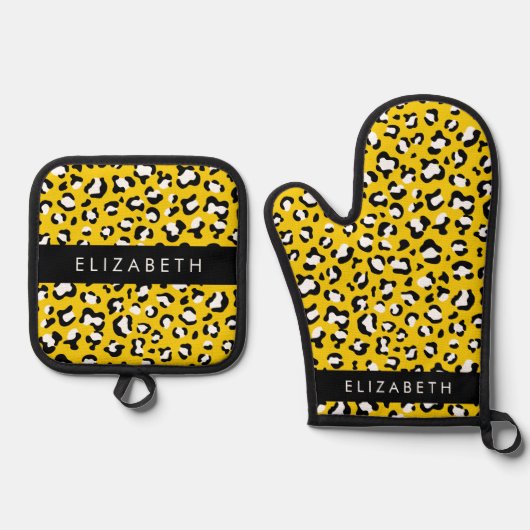 Luipaard Print, Vlekken, Gele Luipaard, Jouw naam Ovenwant & Pannenlap Set (Voorkant)