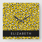 Luipaard Print, Vlekken, Gele Luipaard, Jouw naam Vierkante Klok (Voorkant)