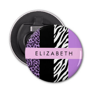 Luipaard Print, Zebra Print, Paarse, Jouw naam Button Flesopener