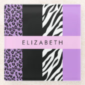 Luipaard Print, Zebra Print, Paarse, Jouw naam Glazen Onderzetter (Voorkant)
