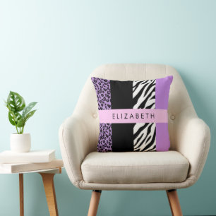 Luipaard Print, Zebra Print, Paarse, Jouw naam Kussen