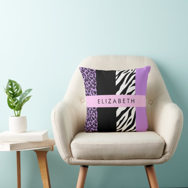 Luipaard Print, Zebra Print, Paarse, Jouw naam Kussen (Stoel)