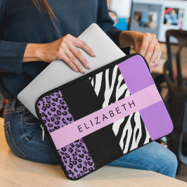 Luipaard Print, Zebra Print, Paarse, Jouw naam Laptop Sleeve
