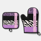 Luipaard Print, Zebra Print, Paarse, Jouw naam Ovenwant & Pannenlap Set (Voorkant)