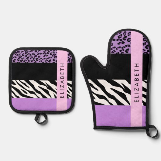 Luipaard Print, Zebra Print, Paarse, Jouw naam Ovenwant & Pannenlap Set (Voorkant)