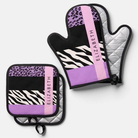 Luipaard Print, Zebra Print, Paarse, Jouw naam Ovenwant & Pannenlap Set (Voorkant / Achterkant)