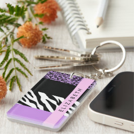 Luipaard Print, Zebra Print, Paarse, Jouw naam Sleutelhanger