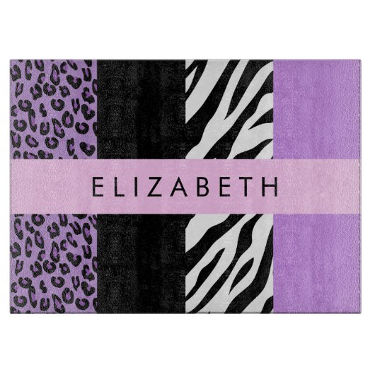 Luipaard Print, Zebra Print, Paarse, Jouw naam Snijplank (Voorkant)