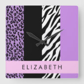 Luipaard Print, Zebra Print, Paarse, Jouw naam Vierkante Klok (Voorkant)