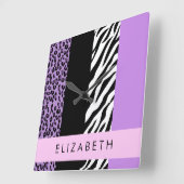 Luipaard Print, Zebra Print, Paarse, Jouw naam Vierkante Klok (Hoek)