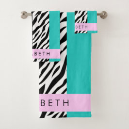 Luipaard Print, Zebraprint, Blauw, Jouw naam Bad Handdoek