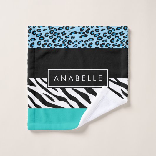 Luipaard Print, Zebraprint, Blauw, Jouw naam Bad Handdoek (Wasdoekje)
