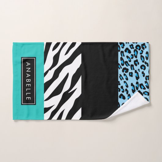 Luipaard Print, Zebraprint, Blauw, Jouw naam Bad Handdoek (Handdoek)