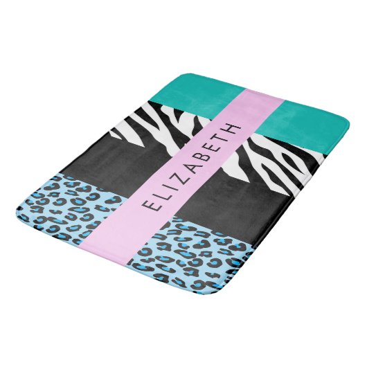 Luipaard Print, Zebraprint, Blauw, Jouw naam Badmat (Gekanteld)