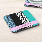 Luipaard Print, Zebraprint, Blauw, Jouw naam Bier Onderzetter (Linkerzijde)