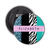Luipaard Print, Zebraprint, Blauw, Jouw naam Button Flesopener (Voorkant)