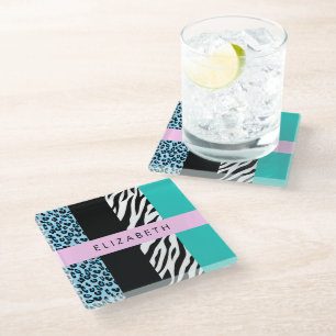 Luipaard Print, Zebraprint, Blauw, Jouw naam Glazen Onderzetter