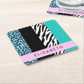 Luipaard Print, Zebraprint, Blauw, Jouw naam Kartonnen Onderzetters (Schuin)
