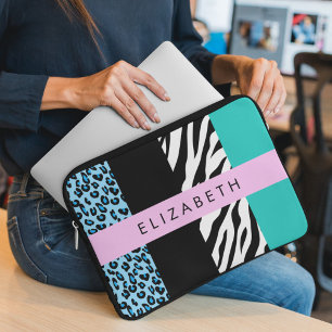 Luipaard Print, Zebraprint, Blauw, Jouw naam Laptop Sleeve