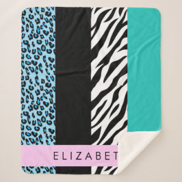 Luipaard Print, Zebraprint, Blauw, Jouw naam Sherpa Deken