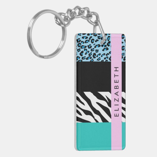 Luipaard Print, Zebraprint, Blauw, Jouw naam Sleutelhanger (Voorkant Links)