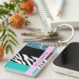 Luipaard Print, Zebraprint, Blauw, Jouw naam Sleutelhanger