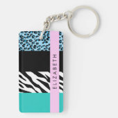 Luipaard Print, Zebraprint, Blauw, Jouw naam Sleutelhanger (achterkant)