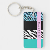 Luipaard Print, Zebraprint, Blauw, Jouw naam Sleutelhanger (Voorkant)