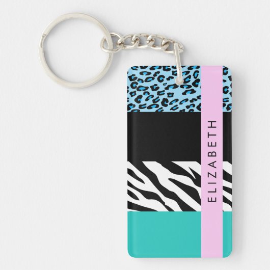 Luipaard Print, Zebraprint, Blauw, Jouw naam Sleutelhanger (Voorkant)
