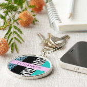 Luipaard Print, Zebraprint, Blauw, Jouw naam Sleutelhanger (Zijkant)