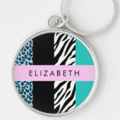 Luipaard Print, Zebraprint, Blauw, Jouw naam Sleutelhanger (Voorkant)