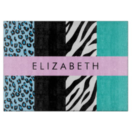 Luipaard Print, Zebraprint, Blauw, Jouw naam Snijplank