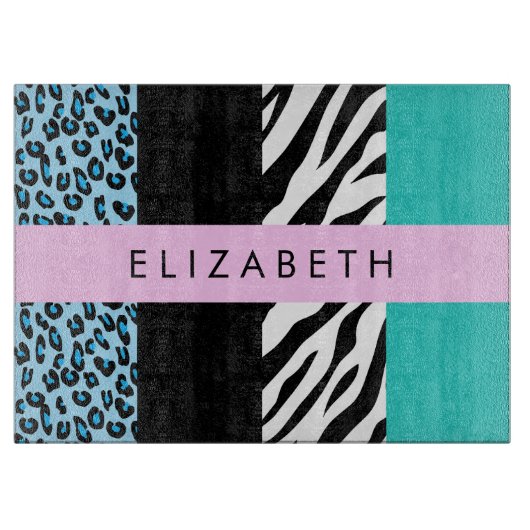 Luipaard Print, Zebraprint, Blauw, Jouw naam Snijplank (Voorkant)