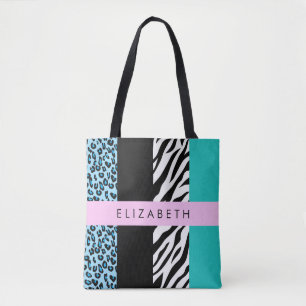 Luipaard Print, Zebraprint, Blauw, Jouw naam Tote Bag
