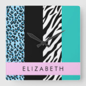 Luipaard Print, Zebraprint, Blauw, Jouw naam Vierkante Klok (Voorkant)
