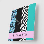 Luipaard Print, Zebraprint, Blauw, Jouw naam Vierkante Klok (Hoek)