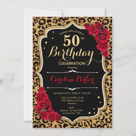Luipaard Print Zwart Goud Foto 50e Verjaardag Kaart (Voorkant)