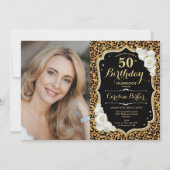 Luipaard Print Zwart Goud Foto 50e Verjaardag Kaart (Voorkant)