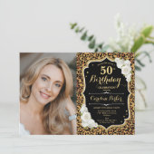 Luipaard Print Zwart Goud Foto 50e Verjaardag Kaart (Staand voorkant)