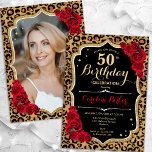 Luipaard Print Zwart Goud Foto 50e Verjaardag Kaart<br><div class="desc">Elegante vrouwelijke 50e verjaardag uitnodiging met je foto aan de achterkant van de kaart. Glam zwart design met dierenluipaard print en faux glitter goud. Beschikt over rode rozen, script lettertype en confetti. Perfect voor een stijlvol volwassen feestje. Personaliseer met je eigen gegevens. Kan voor om het even welke leeftijd worden...</div>