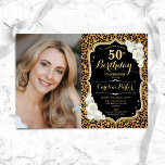 Luipaard Print Zwart Goud Foto 50e Verjaardag Kaart<br><div class="desc">Elegante bloemenvrouwelijke 50e verjaardagsuitnodiging met uw foto. Glam zwart design met faux glitter goud. Beschikt over dierenluipaard print, witte rozen, script lettertype en confetti. Perfect voor een stijlvol volwassen feestje. Personaliseer met je eigen gegevens. Kan voor om het even welke leeftijd worden aangepast! Gedrukte Zazzle-uitnodigingen of direct download digitale afdrukbare...</div>